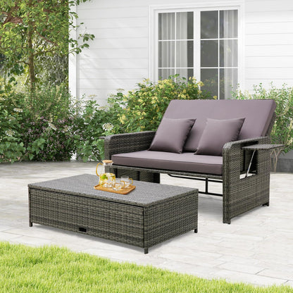 Tangkula Patio Rattan Daybed Set, Wicker Loveseat Sofa w/Multipurpose Ottoman & Retractable Side Tray, 4-Level Adjustable Backrest, Footstool w/Storage, Seat & Back Cushion Included (Gray) - CookCave