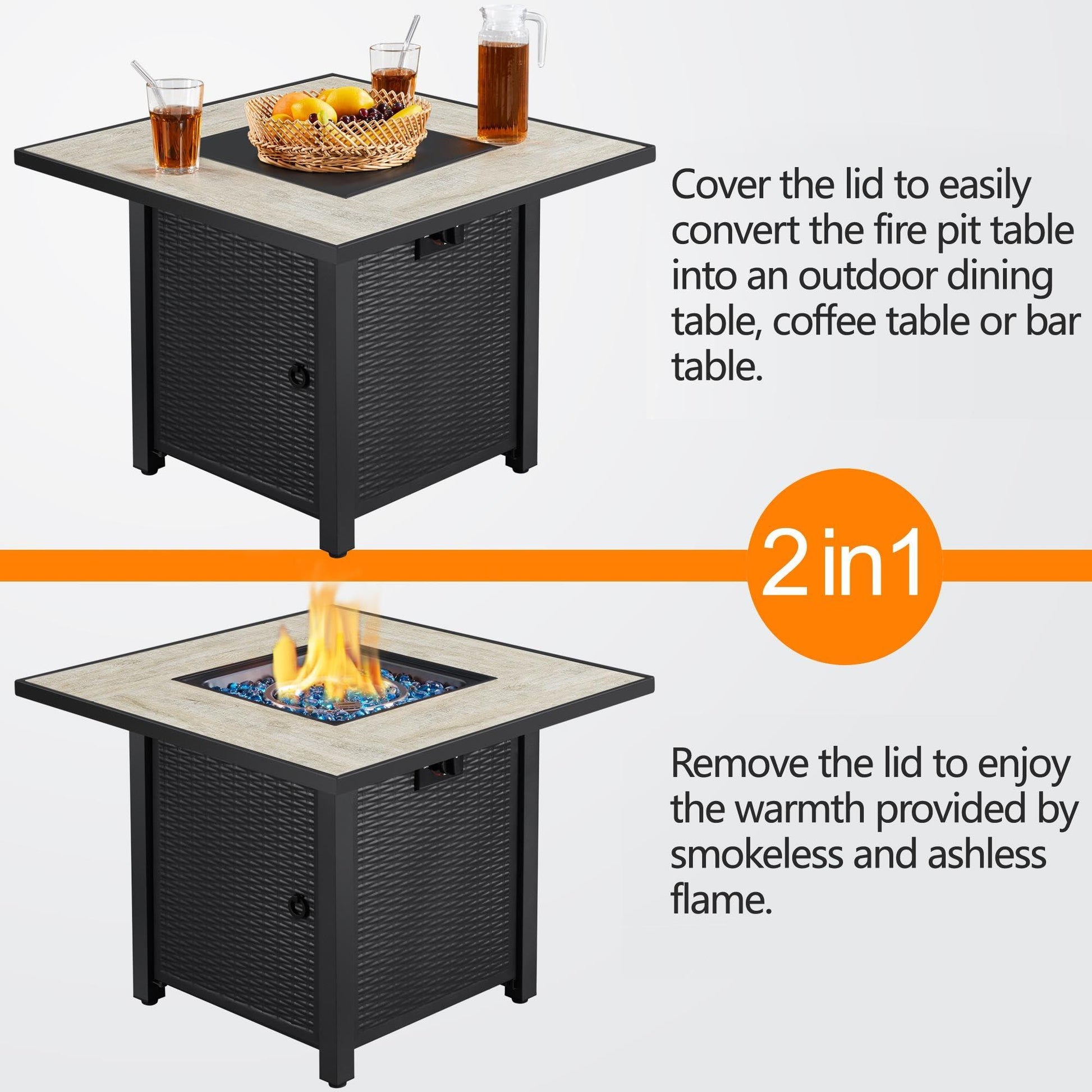 Yaheetech 30" Propane Gas Fire Pit Table 50,000 BTU Square Gas Fire Table with Ceramic Tabletop and Blue Fire Glass for Outdoor /Patio with Rattan Pattern Steel Base/Lid, Black - CookCave