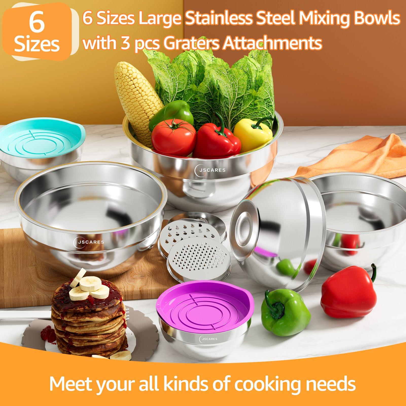JSCARES 6pc Stainless Steel Mixing Bowls with Airtight Lids and 3 Graters - Colorful, Airtight, 0.7QT to 4.5QT - CookCave