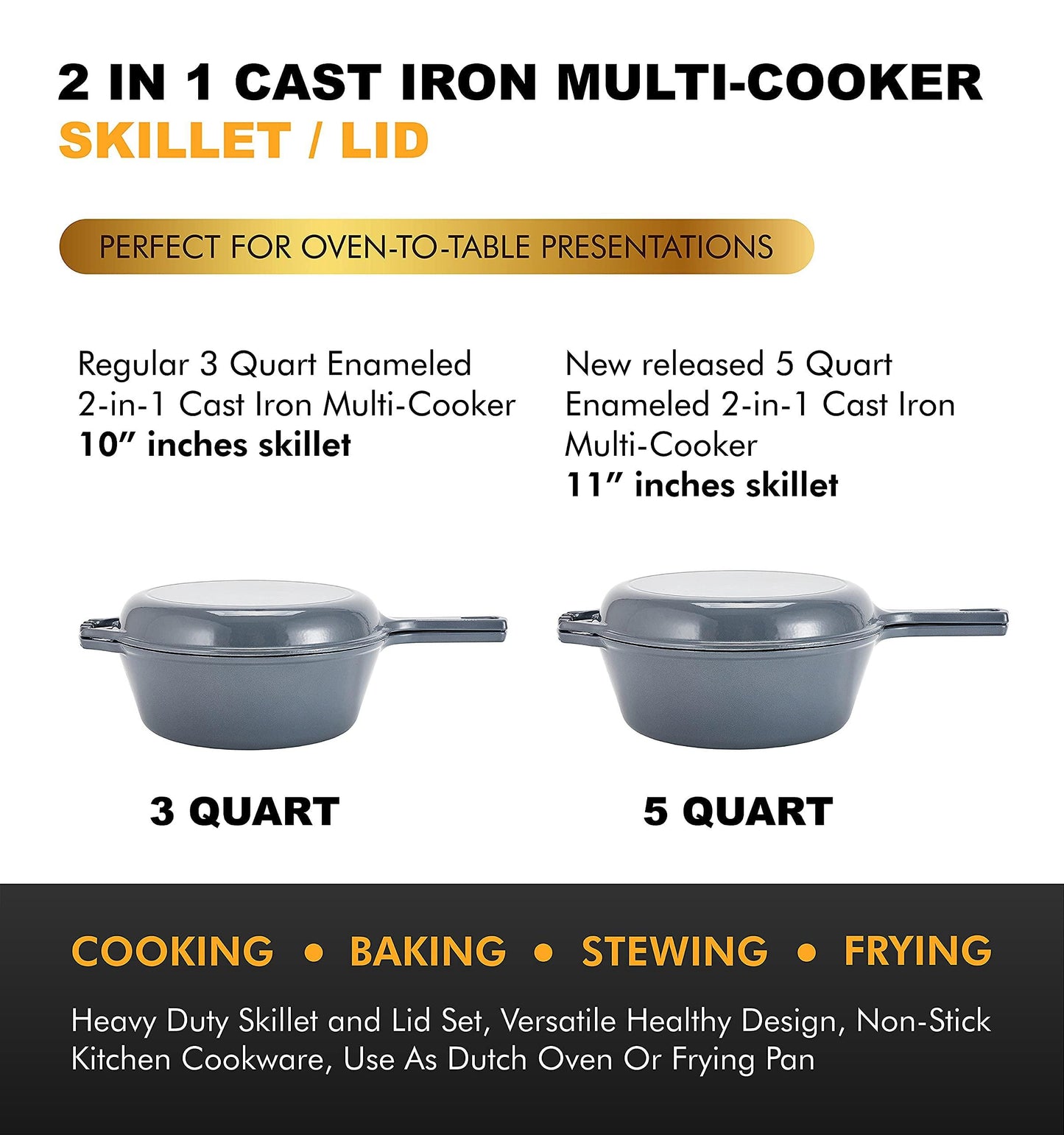 Bruntmor 2 in 1 Enameled cast iron pot with lid, 5QT Cast Iron Dutch Oven & Skillet Combo, Enameled Cast Iron Cookware with Lid, Perfect for Braising, Casseroles and Slow Cooking - Grey - CookCave