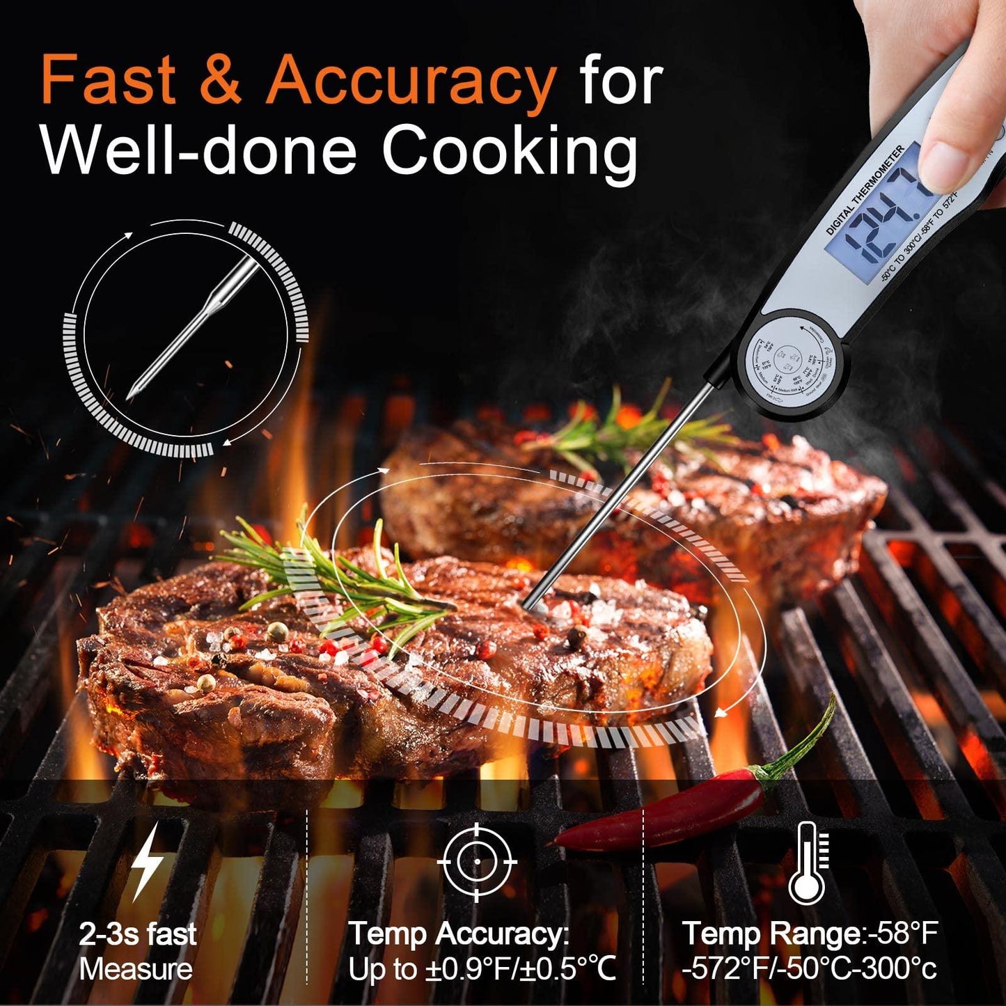 Digital Instant Read Meat Thermometer Digital for Grilling and Cooking - ANDAXIN Waterproof Ultra-Fast Thermometer with Backlight&Calibration&Foldable Probe for Kitchen,Deep Fry,BBQ,Grill-Black/White - CookCave