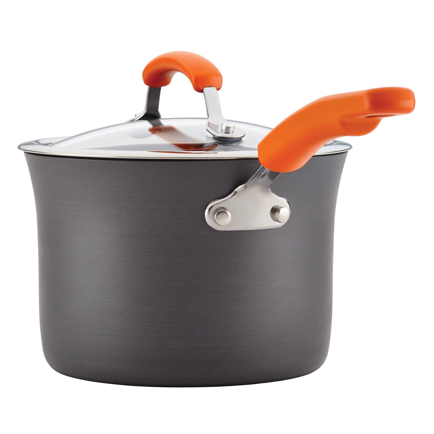 Rachael Ray Brights Hard Anodized Nonstick Sauce Pan/Saucepan with Lid, 3 Quart, Gray with orange handles - CookCave