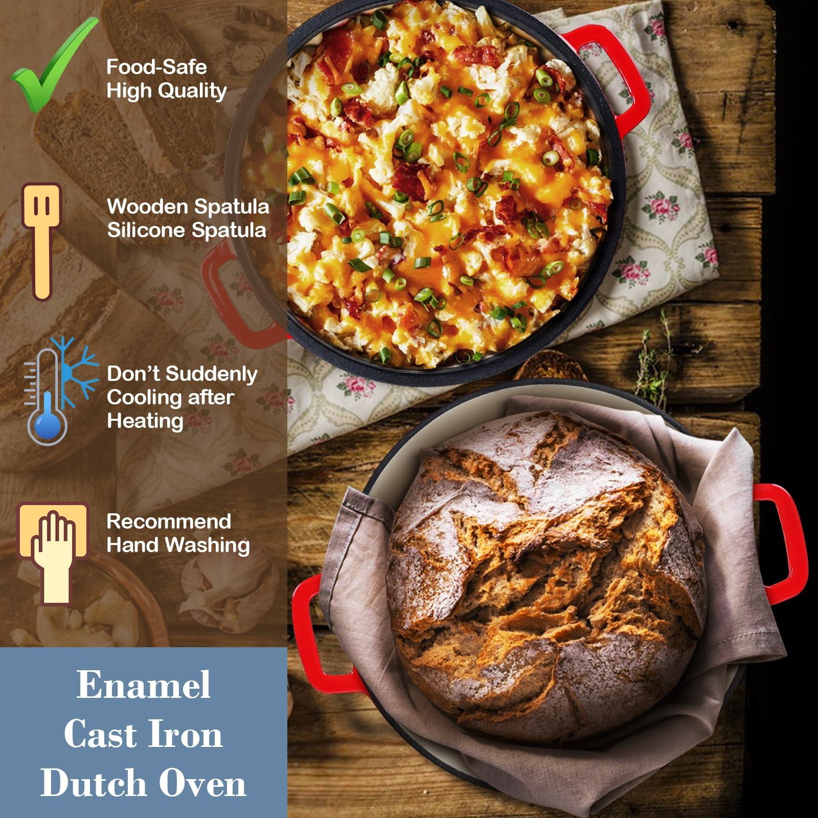 HaSteeL 2 in 1 Enameled Cast Iron Dutch Oven, 5 QT Pot & 2 Quart Skillet Lid Pan, Non-Stick Cookware Multi Cooker for Bread Baking Cooking Stewing, Suit for All Cooktops, Dual Handles & Oven Safe, Red - CookCave