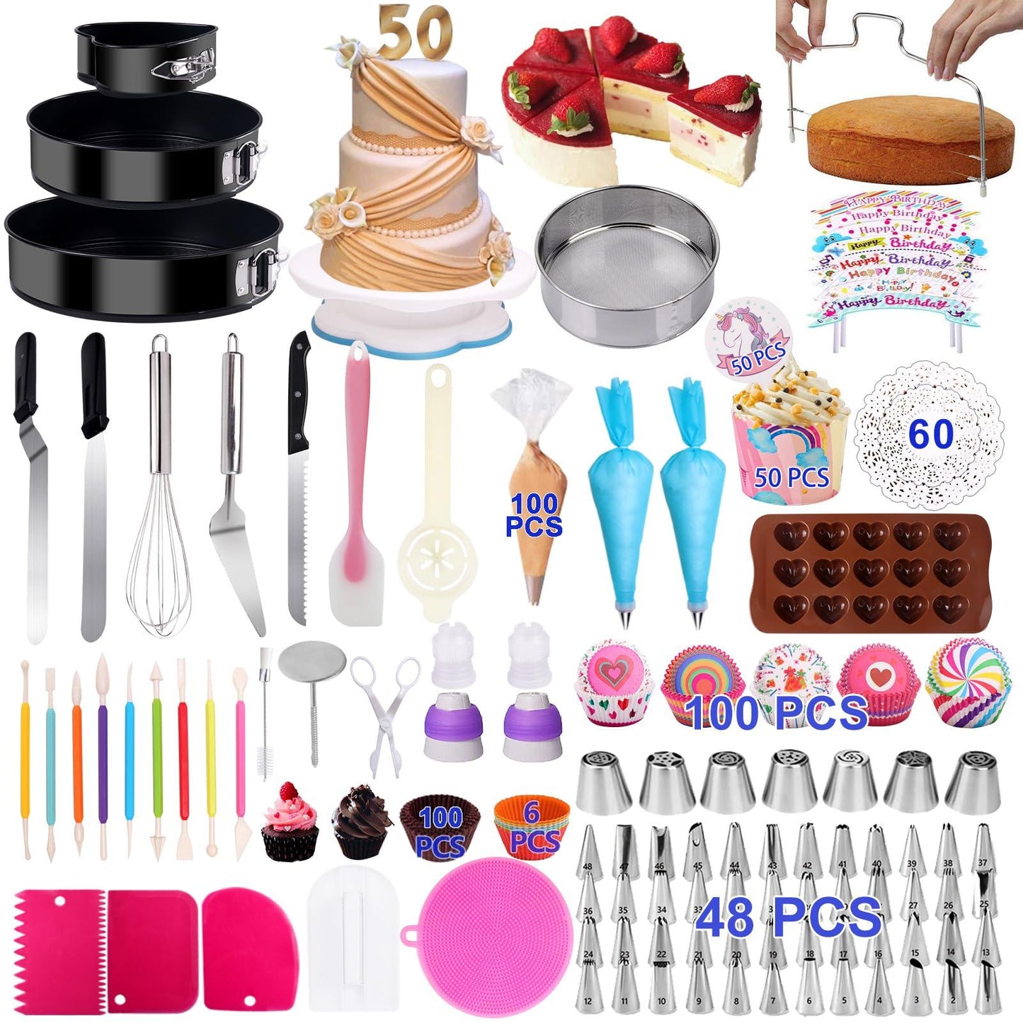 Cake Decorating Kits 567 PCS Baking Set with Springform Pans Set, Rotating Turntable, Decorating Tools, Cake Baking Supplies for Beginners and Cake Lovers - CookCave