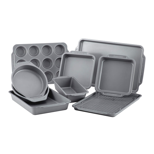 Farberware Nonstick Steel Bakeware Set with Cooling Rack, Baking Pan and Cookie Sheet Set with Nonstick Bread Pan and Cooling Grid, 10-Piece Set, Gray - CookCave
