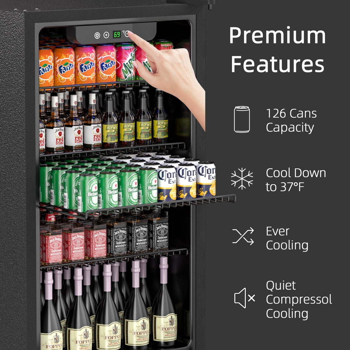Erivess Compact Freestanding Beverage Refrigerator,126 Can Mini Fridge with Glass Front Door for Soda, Beer, or Wine, Under Counter Drink Dispenser with Adjustable Shelves and Digital Display - CookCave