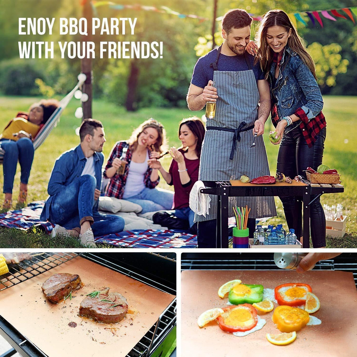 LOOCH Copper Grill Mat Set of 5 - Non-Stick BBQ Outdoor Grill & Baking Mats - Reusable and Easy to Clean - Works on Gas, Charcoal, Electric Grill and More - 15.75 x 13 Inch - CookCave