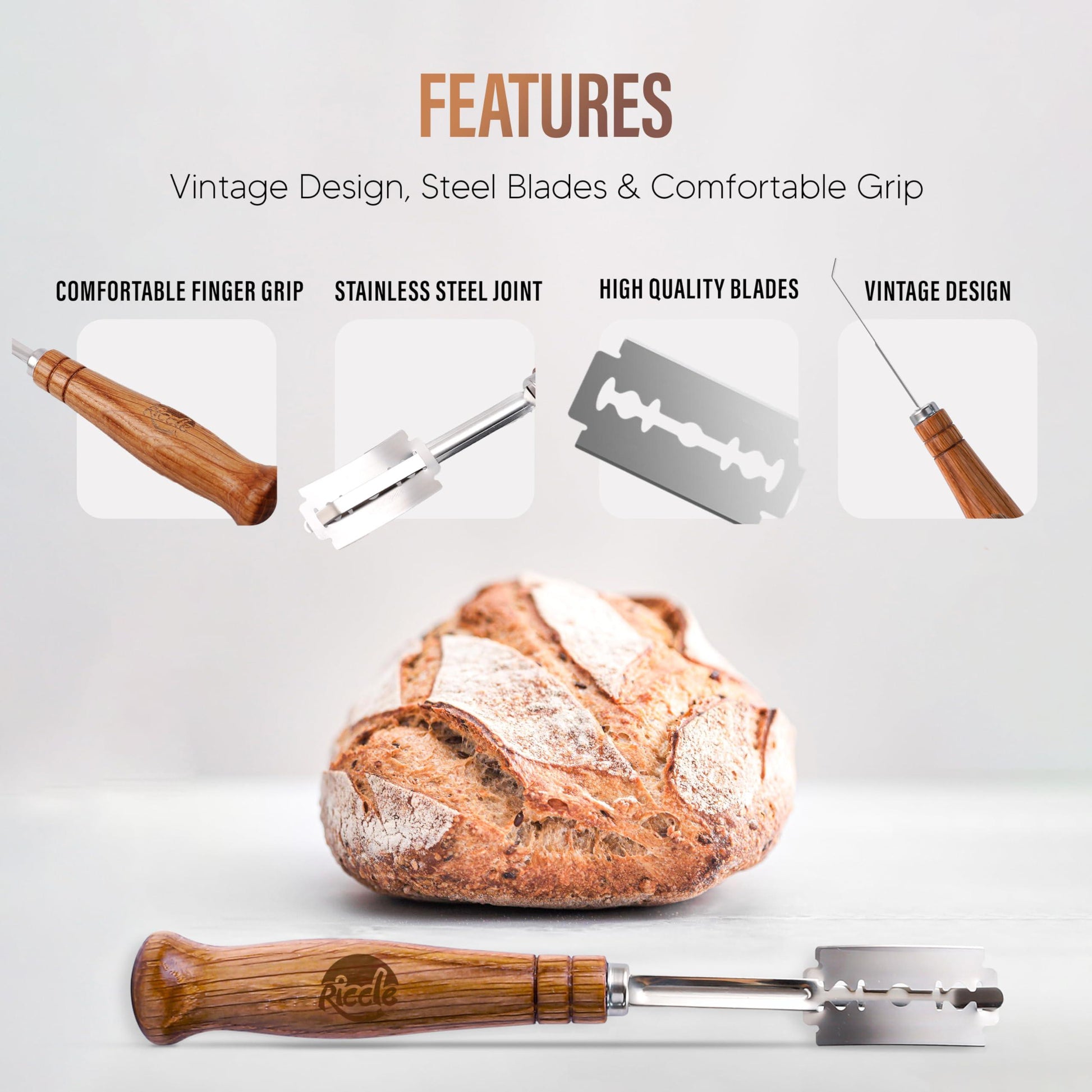 RICCLE Bread Lame Slashing Tool, Dough Scoring Knife with 15 Razor Blades and Storage Cover - CookCave