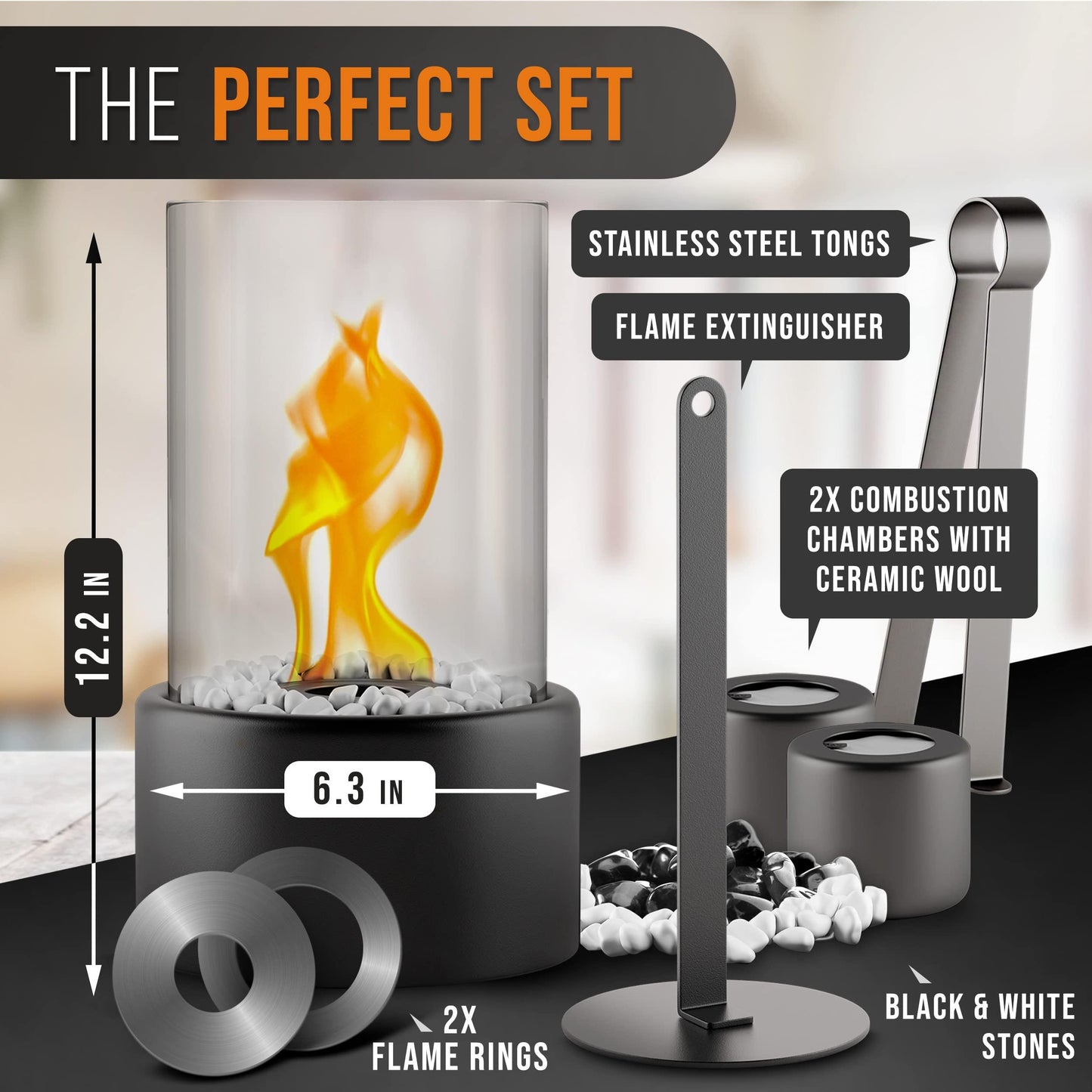 Flammtal Tabletop Fire Pit [4h Burning Time] - Indoor & Outdoor - Ethanol Table Top Fire Bowl with Black & White Stones - Portable Fire Pit with 2 Combustion Chambers - CookCave