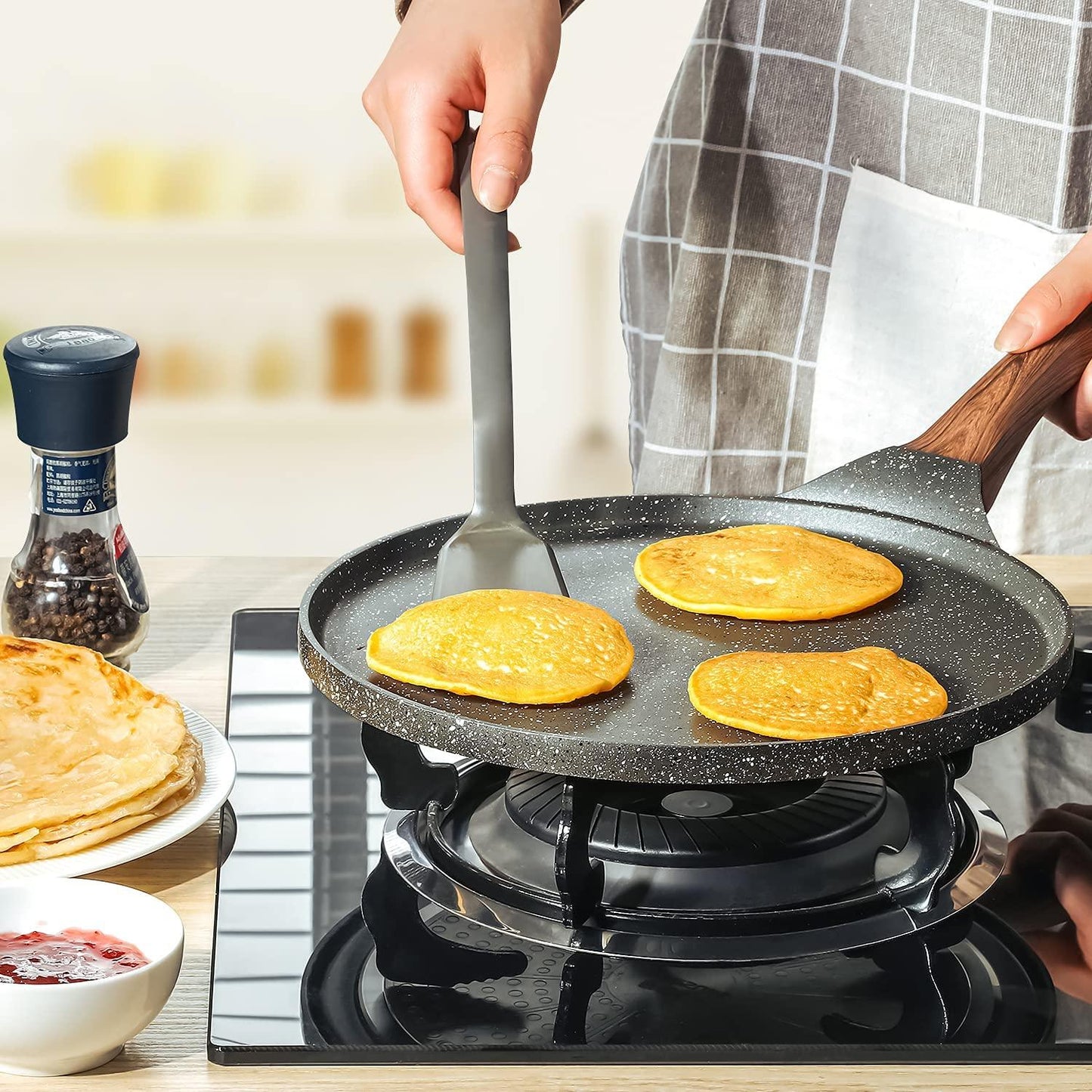 SENSARTE Nonstick Crepe Pan, Swiss Granite Coating Dosa Pan Pancake Flat Skillet Tawa Griddle 12-Inch with Stay-Cool Handle, Induction Compatible, PFOA Free - CookCave