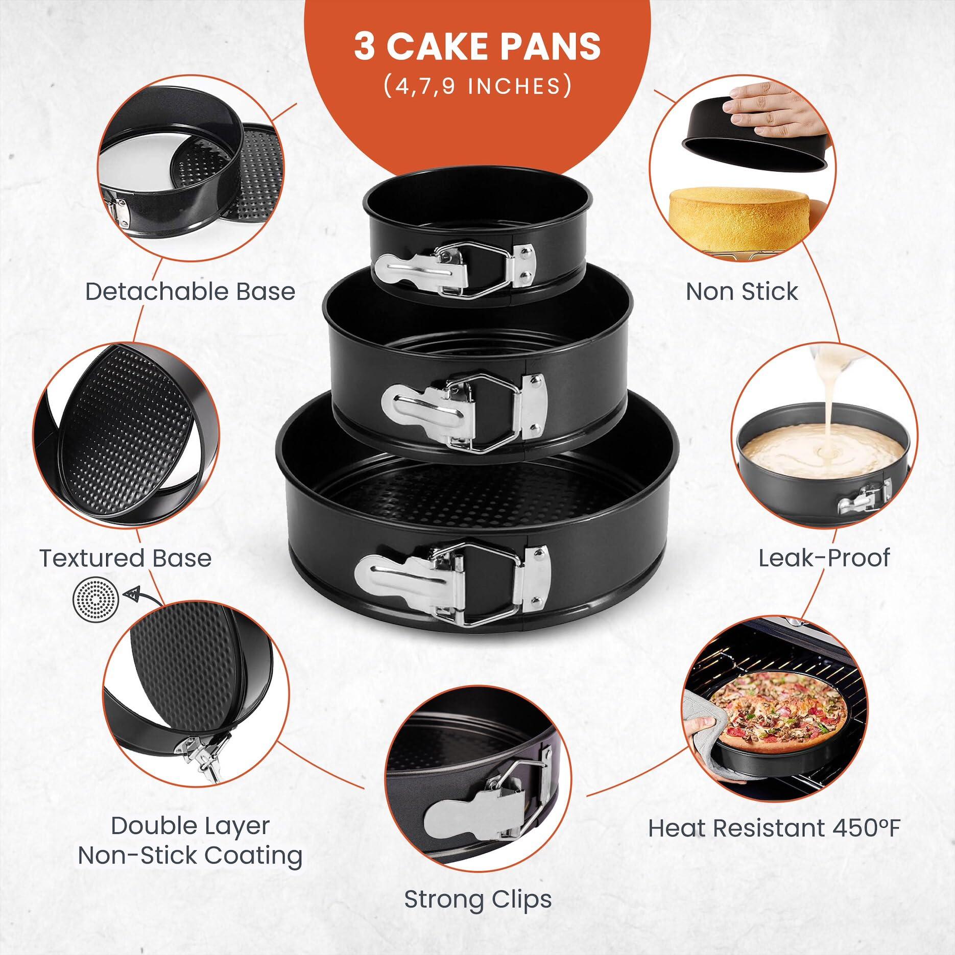 RFAQK 100PCs Cake Pan Sets for Baking + Cake Decorating Kit: 3 Non-Stick Springform Pans Set (4, 7, 9 inches), Piping Tips, Cake Leveler – Multi-functional Leak-Proof CheeseCake Pan & eBook - CookCave