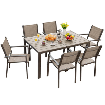 Flamaker Patio Dining Set 7 Piece Metal Frame Outdoor Furniture with 6 Textilene Chairs and Rectangular Table Family Kitchen Conversation Set for Backyard, Lawn, Terrace (Brown) - CookCave