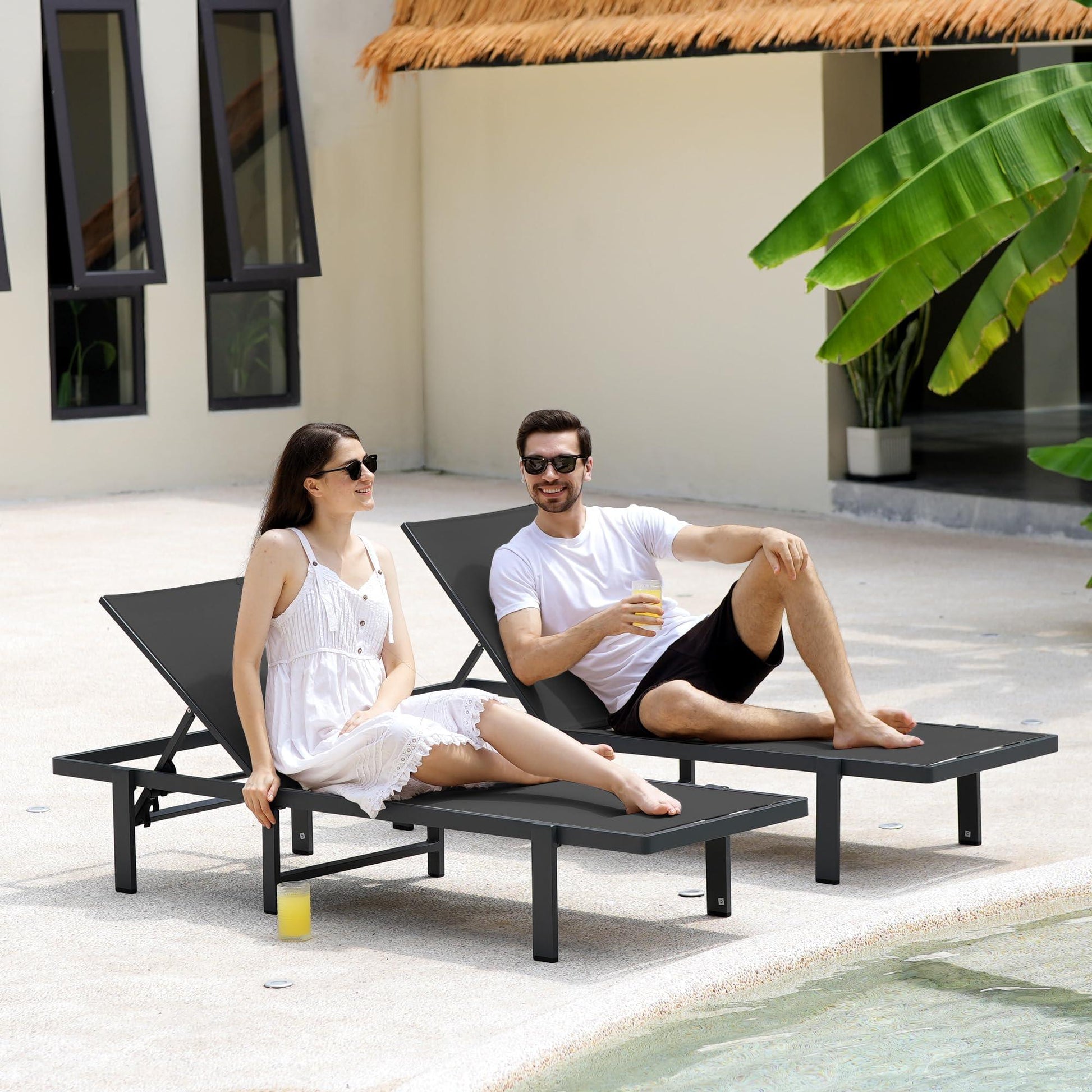 Aluminum Chaise Lounge Chair Outdoor, Adjustable Five-Position Recliner and Full Flat Tanning Chair for Patio, Beach, Yard, Pool, Black - CookCave