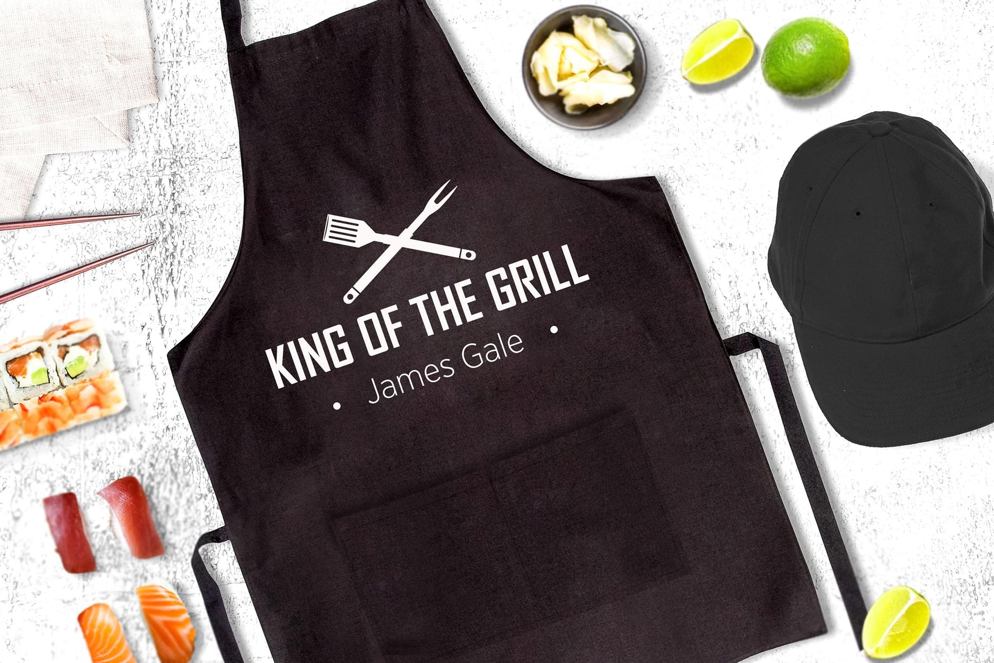 King of the Grill, Cutting Board, Personalized Cutting Boards for Men and Dad, Fathers Day, Dad's Birthday, Christmas Gift, Custom Cooking Gift, BBQ Gifts, Kitchen Gift, With Apron and Display Stand - CookCave