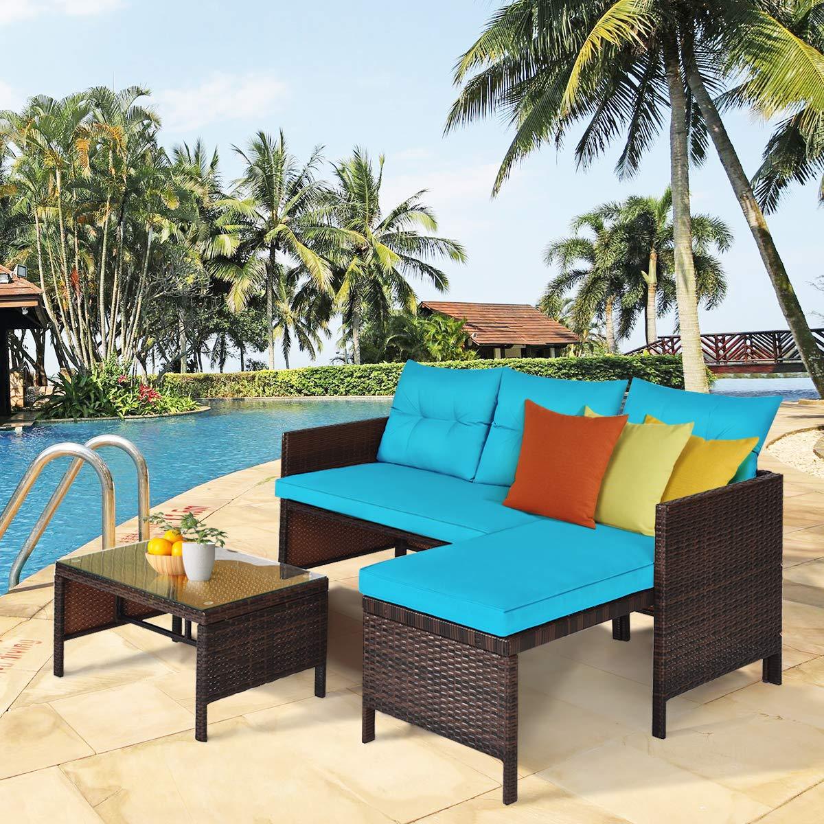 Tangkula Patio Corner Sofa Set 3 Piece, Outdoor Rattan Sofa Set, Includes Lounge Chaise, Loveseat & Coffee Table, Patio Garden Poolside Lawn Backyard Furniture (Turquoise) - CookCave