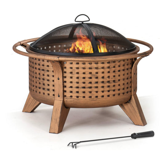 Sunjoy 30 in. Outdoor Wood-Burning Fire Pit, Patio Woven Round Steel Firepit Large Fire Pits for Outside with Spark Screen and Poker - CookCave