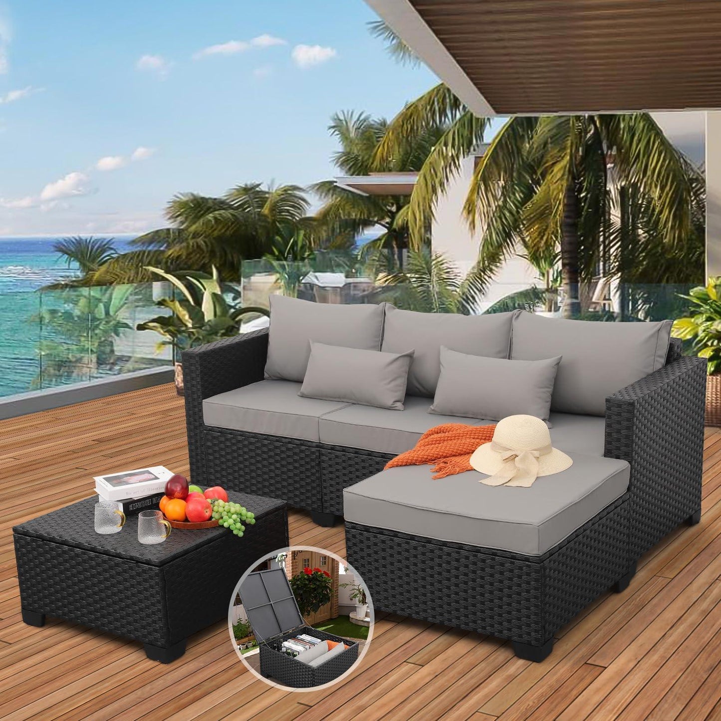 Rattaner 3 Pieces Patio Furniture Set Outdoor Sectional Wicker Patio Furniture Patio Couch with Ottoman and Outdoor Storage Table All-Weather Anti-Slip Cushions Waterproof Covers, Grey - CookCave