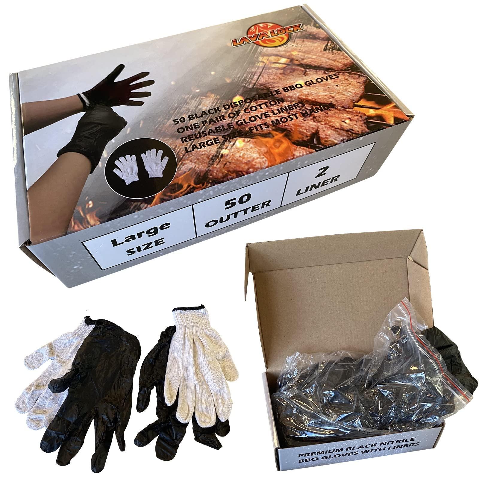 LavaLock Disposable Nitrile BBQ Gloves with Cotton Liners for Outdoor Cooking Grilling Smokers and Barbecue Competition, Chef or Kitchen use (Large 50 Count Black) - CookCave