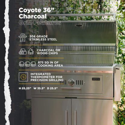 Coyote 36-Inch Built-in Charcoal Grill - C1CH36, Stainless Steel, 875 sq. in. Cooking Area - CookCave