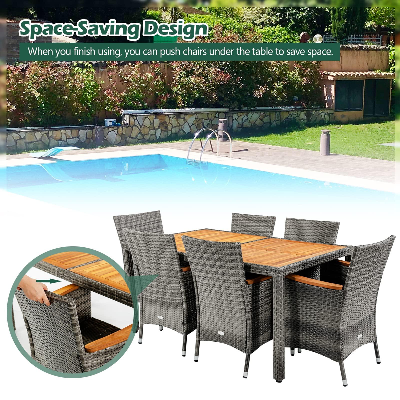 Tangkula 7 Pieces Outdoor Dining Furniture Set, Patio Rattan Conversation Set with Spacious Acacia Wood Table, 6 Chairs with Widened Armrests, Non-slip Foot Pads, Suitable for Backyard Poolside (Grey) - CookCave