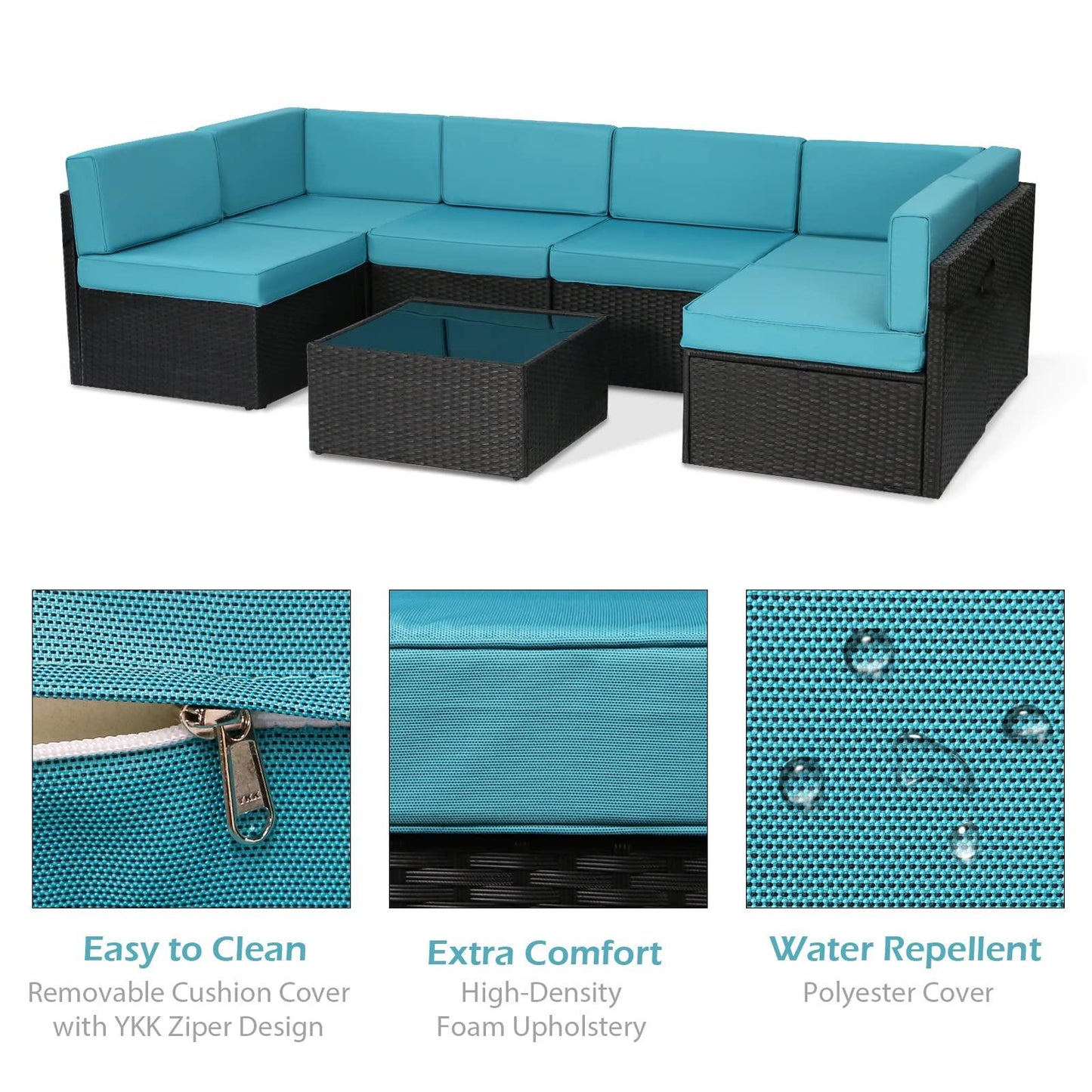 U-MAX 7 Pieces Outdoor Patio Furniture Set, All Weather Black PE Rattan Wicker Sofa Set, Sectional Furniture Conversation Set with Blue Cushion Covers and Coffee Table for Porch Garden Poolside… - CookCave