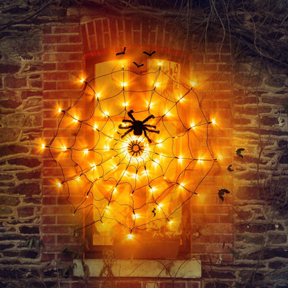 Vanthylit Halloween Spider Web Lights with Black Spider, 70 LED Waterproof Orange Light Up Spiderweb, Halloween Lights for Window Room Indoor Outdoor Decorations - CookCave