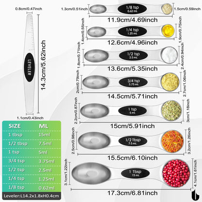 Urbanstrive Magnetic Measuring Spoons Set Stainless Steel, Dual Sided for Liquid Dry Food, Measuring Cups Spoons Set Fits in Spice Jar, Kitchen Gadgets, Cooking Utensils Set, Including Leveler, 8Color - CookCave