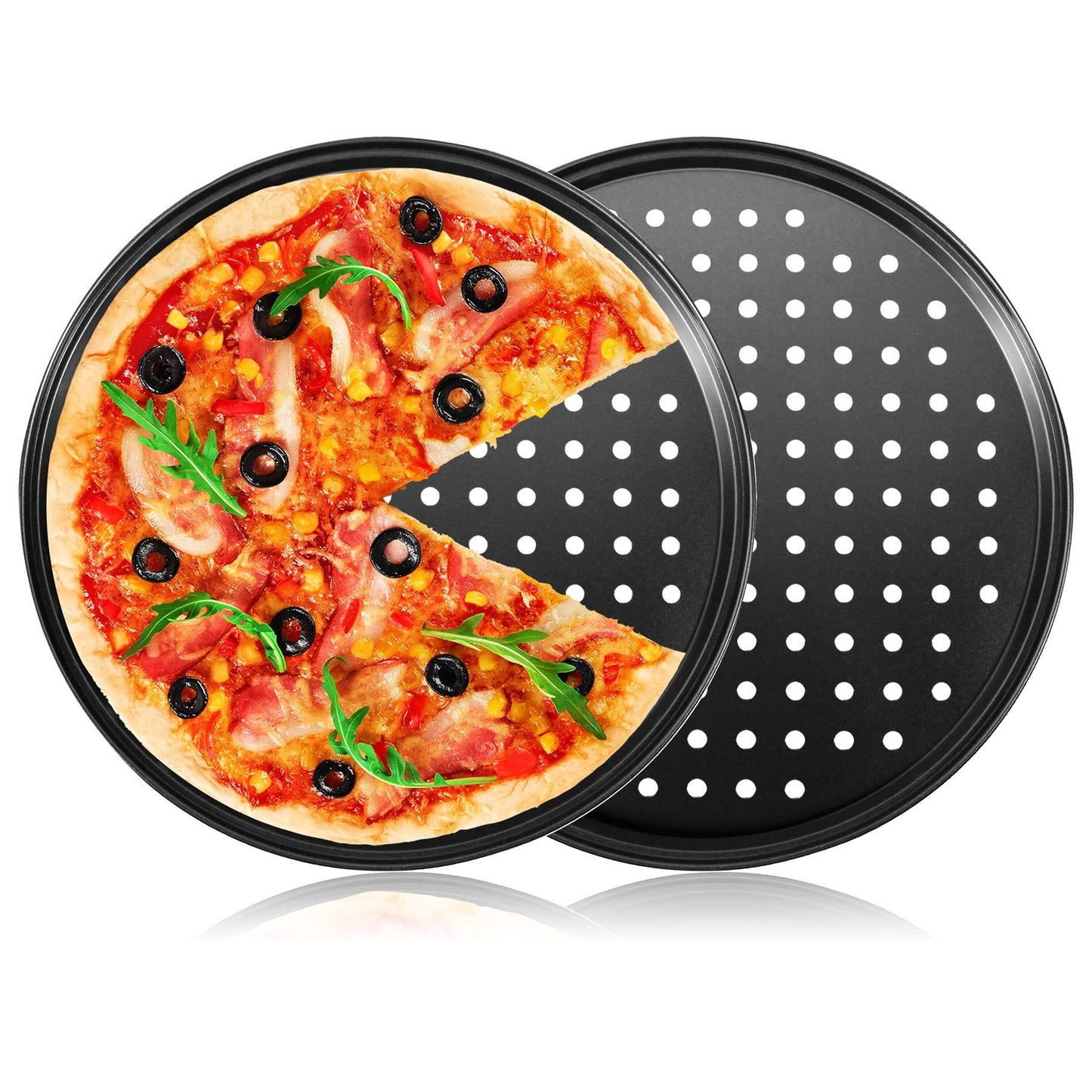 mobzio 2Pcs Pizza Pans for Oven, Round Pizza Pan with Holes, 12 inch Pizza Tray for Oven, Baking Steel Pizza Oven Accessories, Nonstick Pizza Plates Bakeware Sets For Home Restaurant Kitchen - CookCave