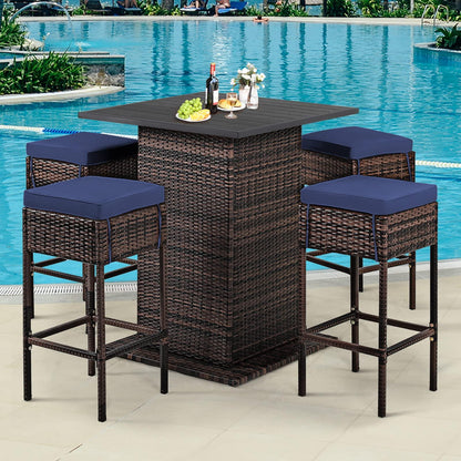 Tangkula 5 Piece Outdoor Rattan Bar Set, Patio Bar Furniture with 4 Cushions Stools and Smooth Top Table with Hidden Storage Shelf, Outdoor Conversation Set for Poolside, Backyard, Lawn (Navy Blue) - CookCave