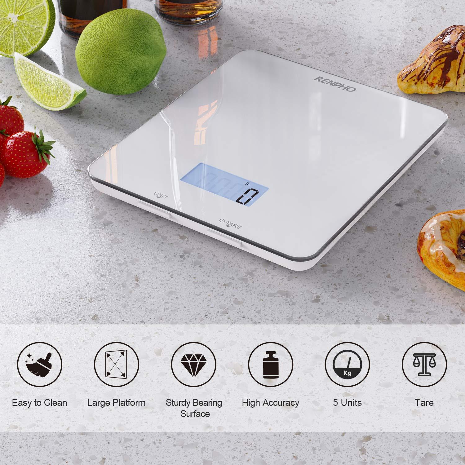 RENPHO Food Scale, Kitchen Scale for Food Ounces and Grams, Smart Cooking Calorie Scale with Timer, Nutritional Analysis with App for Keto Macro Weight Loss, White, 11lb/5kg - CookCave