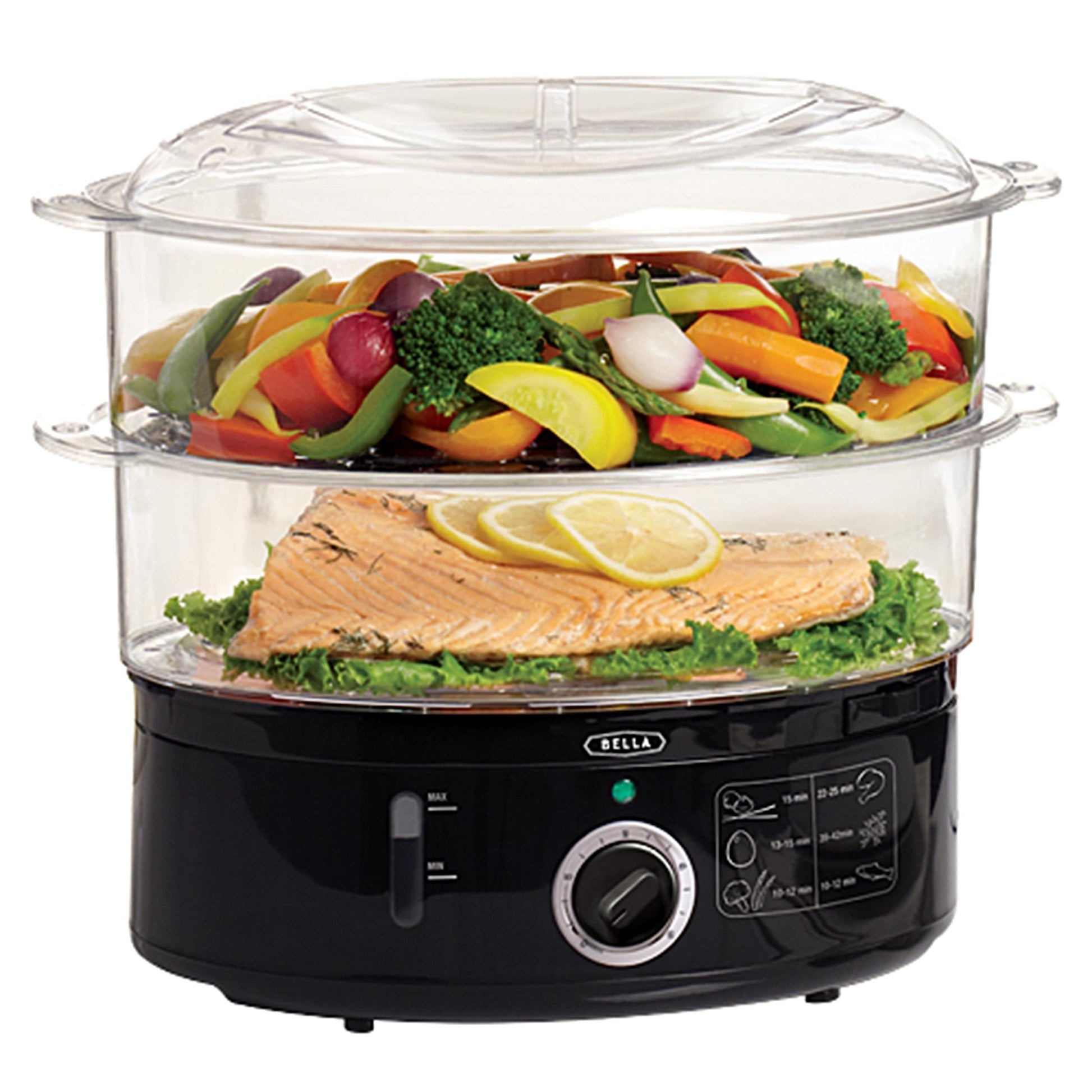 BELLA Two Tier Food Steamer with Dishwasher Safe Lids and Stackable Baskets & Removable Base for Fast Simultaneous Cooking - Auto Shutoff & Boil Dry Protection, 7.4 QT, Black - CookCave