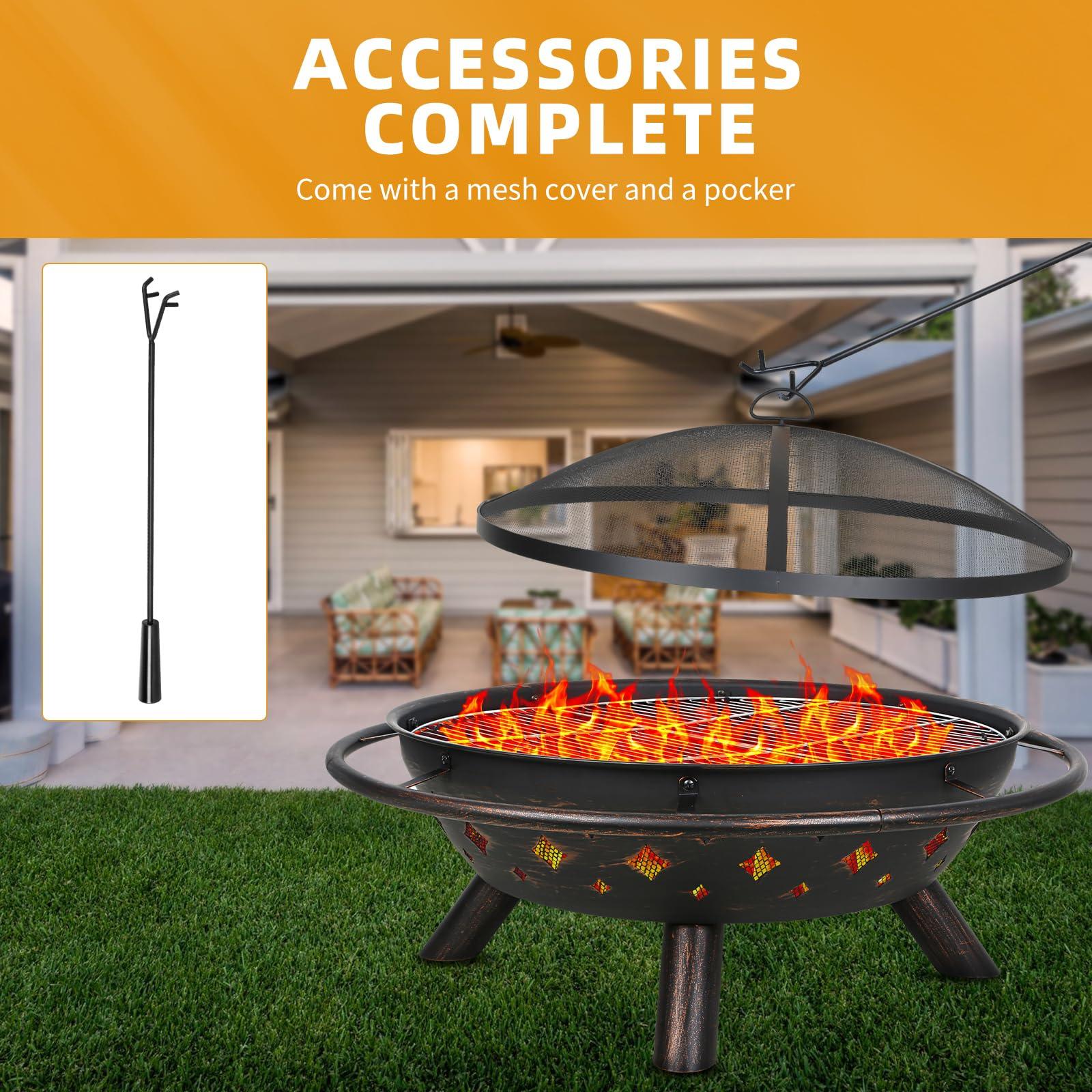 Hykolity 41" Large Size 2 in 1 Outdoor Fire Pit with Grill, Heavy Duty Steel Wood Burning Firepalce, Fire Bowl with Antiqued Copper Finish for Bonfire Patio Backyard - CookCave