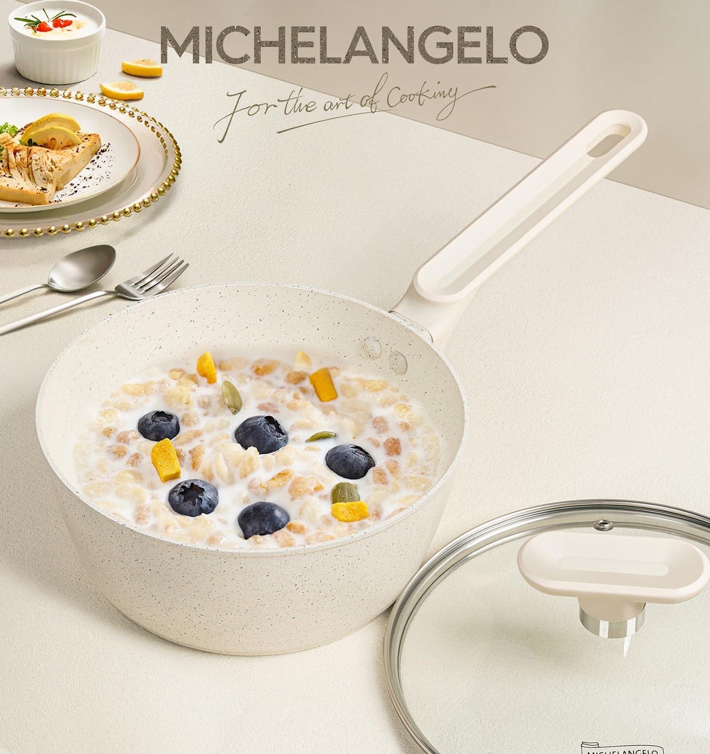 MICHELANGELO Sauce Pan, Nonstick Granite Sauce Pan Set with Lids 1.5 Quart & 2.5 Qaurt, Small Pot Set with Lids, Nonstick Saucepans with Lid, Stone Pot Set - White - CookCave