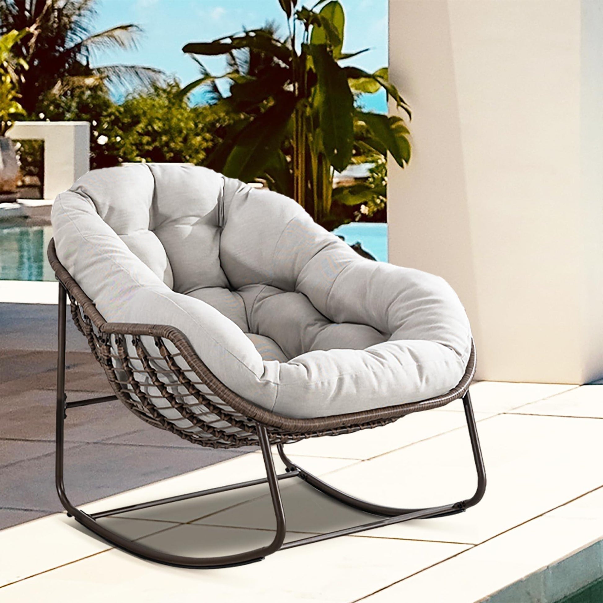 Villeston Outdoor Papasan Rocking Chair - Oversized Comfy Patio Chair Indoor Egg Royal Rattan Rocking Chair with Cushion for Front Porch Lounge Lawn Bedroom Living Room (Beige Grey) - CookCave