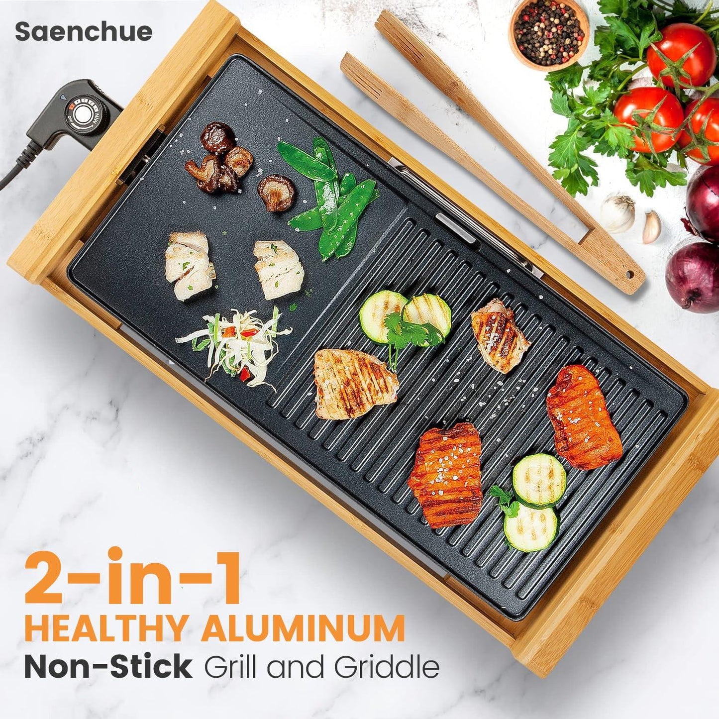 Saenchue Electric Table Grill, Korean BBQ Indoor Electric Grill Griddle, Nonstick Extra Large Plate, Smokeless Electric Contact Grill, Bamboo Base, Temperature Control, PG-08 - CookCave