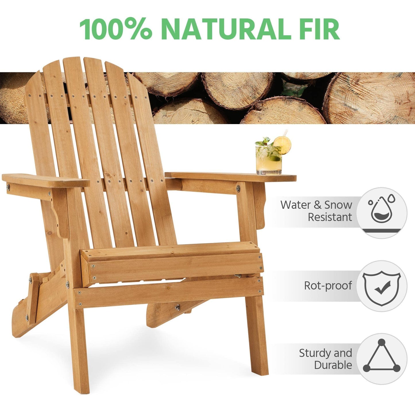 Yaheetech Folding Adirondack Chair Set of 4 Outdoor, 300LBS Solid Wood Garden Chair Weather Resistant, Fire Pit Lounge Chairs for Garden/Yard/Patio/Lawn, Natural Wood - CookCave