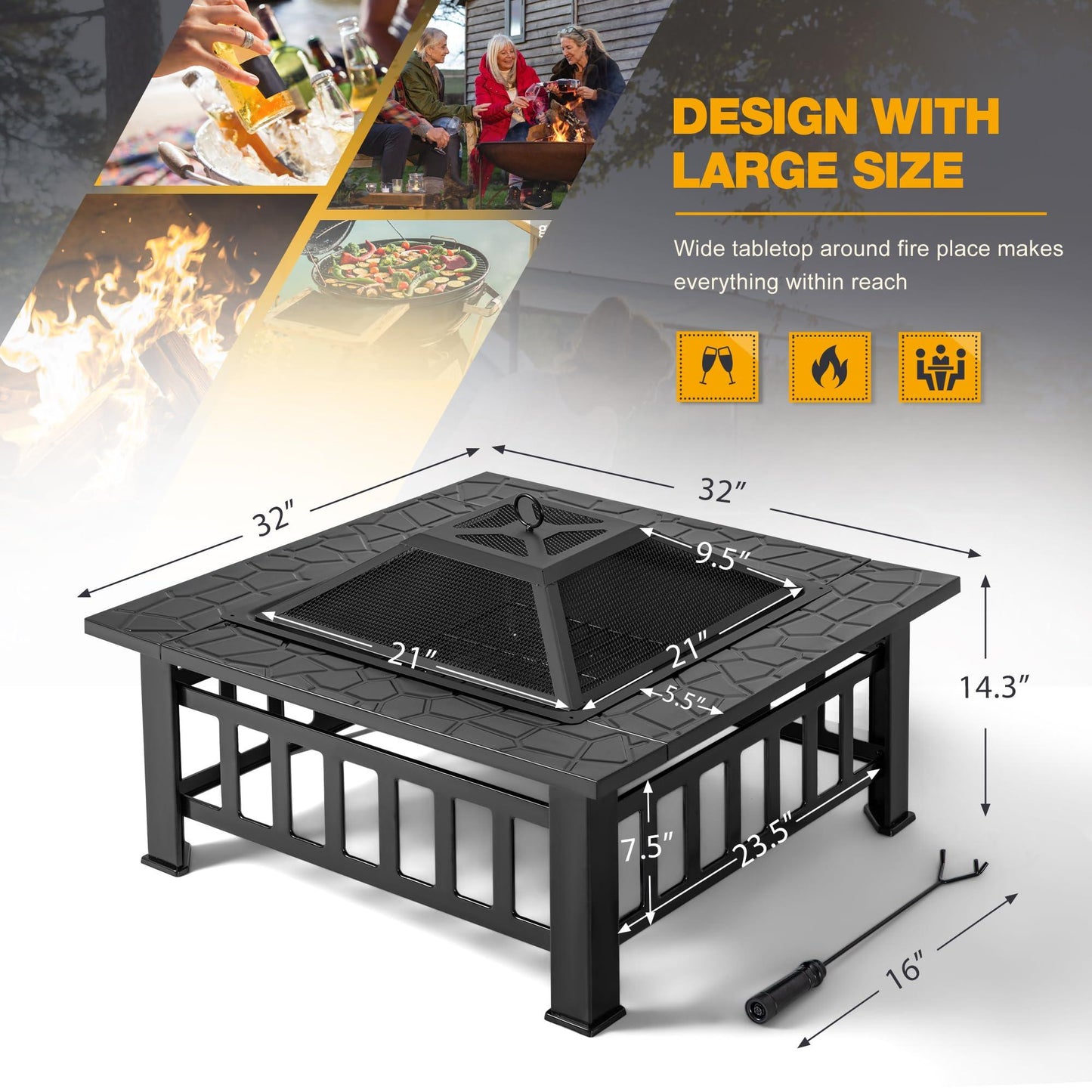 Devoko 32 inch Metal Outdoor Fire Pit Table Multiuse Square Patio BBQ Firepit with Spark Screen Lid and Waterproof Cover for Camping, Outside Wood Burning and Picnic Black - CookCave