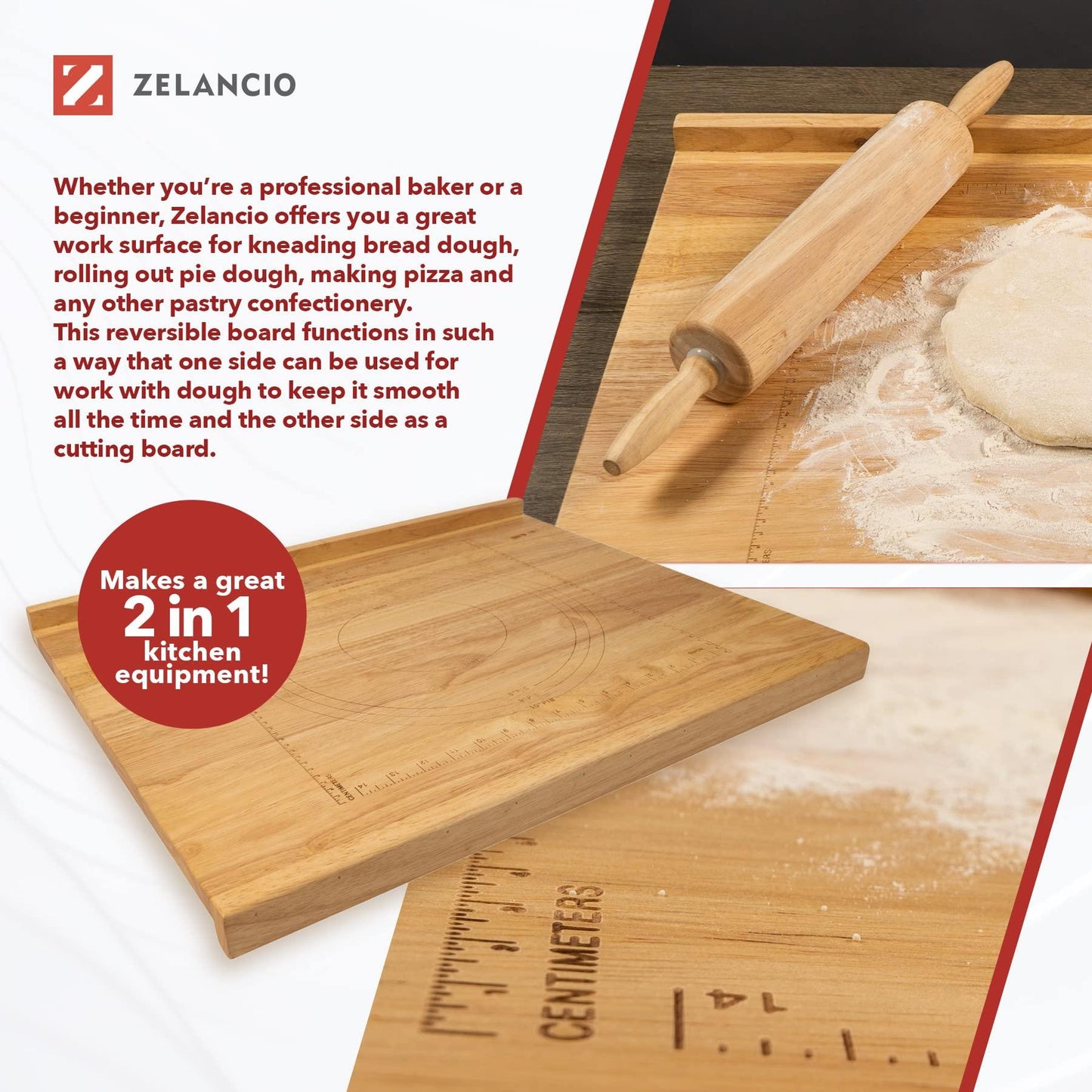 Zelancio Reversible Wooden Pastry Board - 24" x 20" Pastry Board with Engraved Ruler and Pie Board Template, Features Front and Back Counter Lip - CookCave