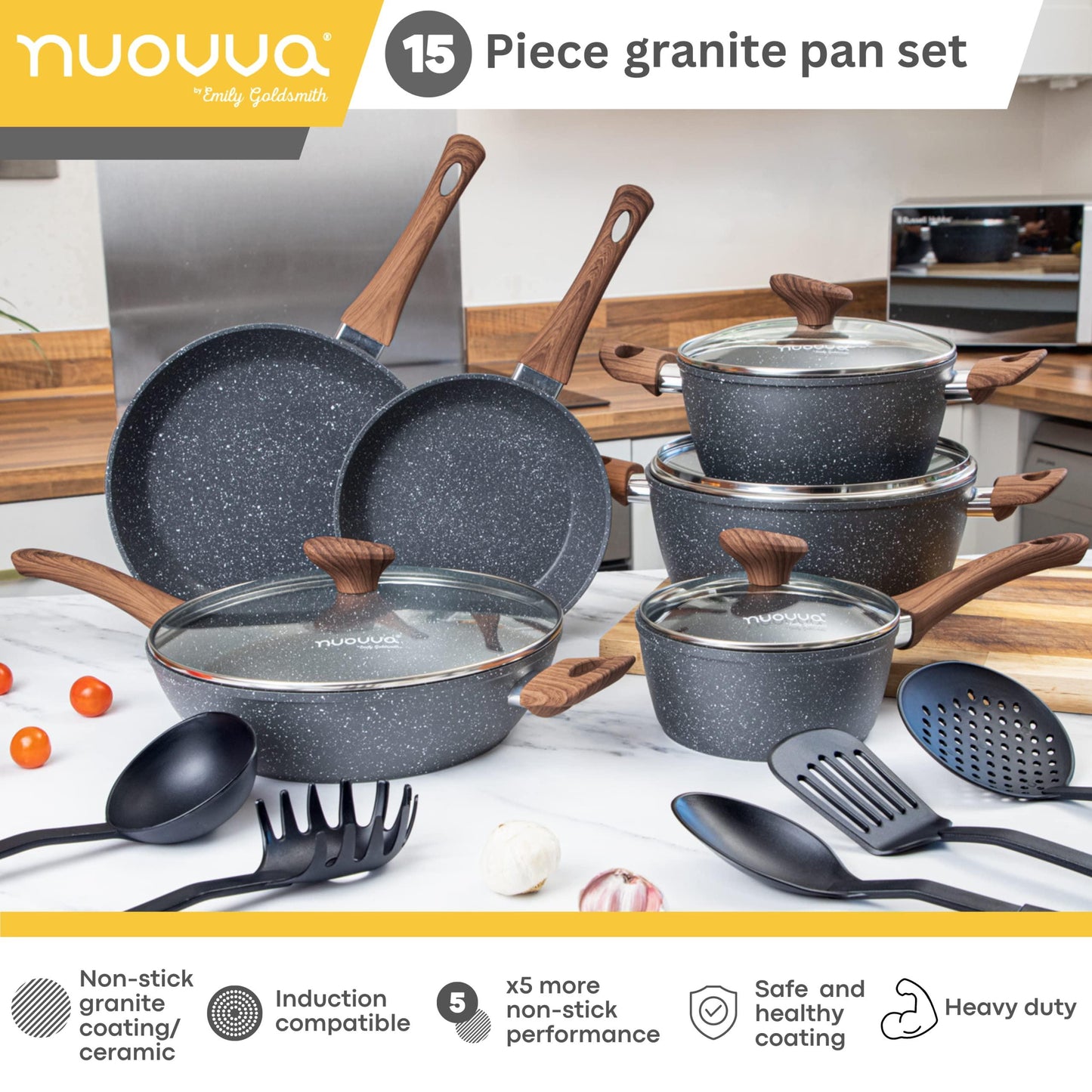 Non Stick Pots and Pans Set – Kitchen Cookware Set with Lid – Induction Hob Pots Set – 15pc Non Stick Cooking Set – Cooking Marble Saucepan Pots and Frying Pan – Juego de Ollas Para Cocina – by Nuovva - CookCave