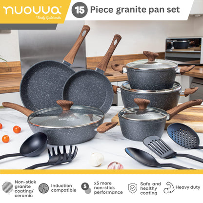 Non Stick Pots and Pans Set – Kitchen Cookware Set with Lid – Induction Hob Pots Set – 15pc Non Stick Cooking Set – Cooking Marble Saucepan Pots and Frying Pan – Juego de Ollas Para Cocina – by Nuovva - CookCave