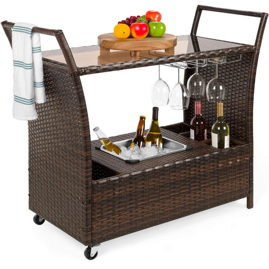 Best Choice Products Outdoor Rolling Wicker Bar Cart w/Removable Ice Bucket, Glass Countertop, Wine Glass Holders, Storage Compartments - Brown - CookCave