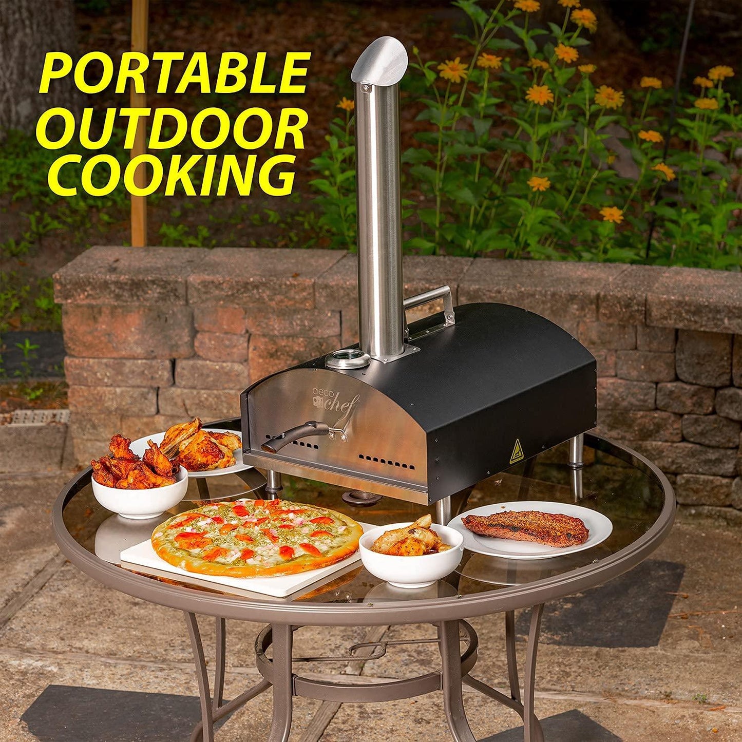 Deco Chef Outdoor Pizza Oven with 2-in-1 Pizza and Grill Oven Functionality, 13" Pizza Stone, Portable 3-Layer Stainless Steel Construction, Pizza Peel, Dough Scraper, Scoop, Slotted Grill (Black) - CookCave