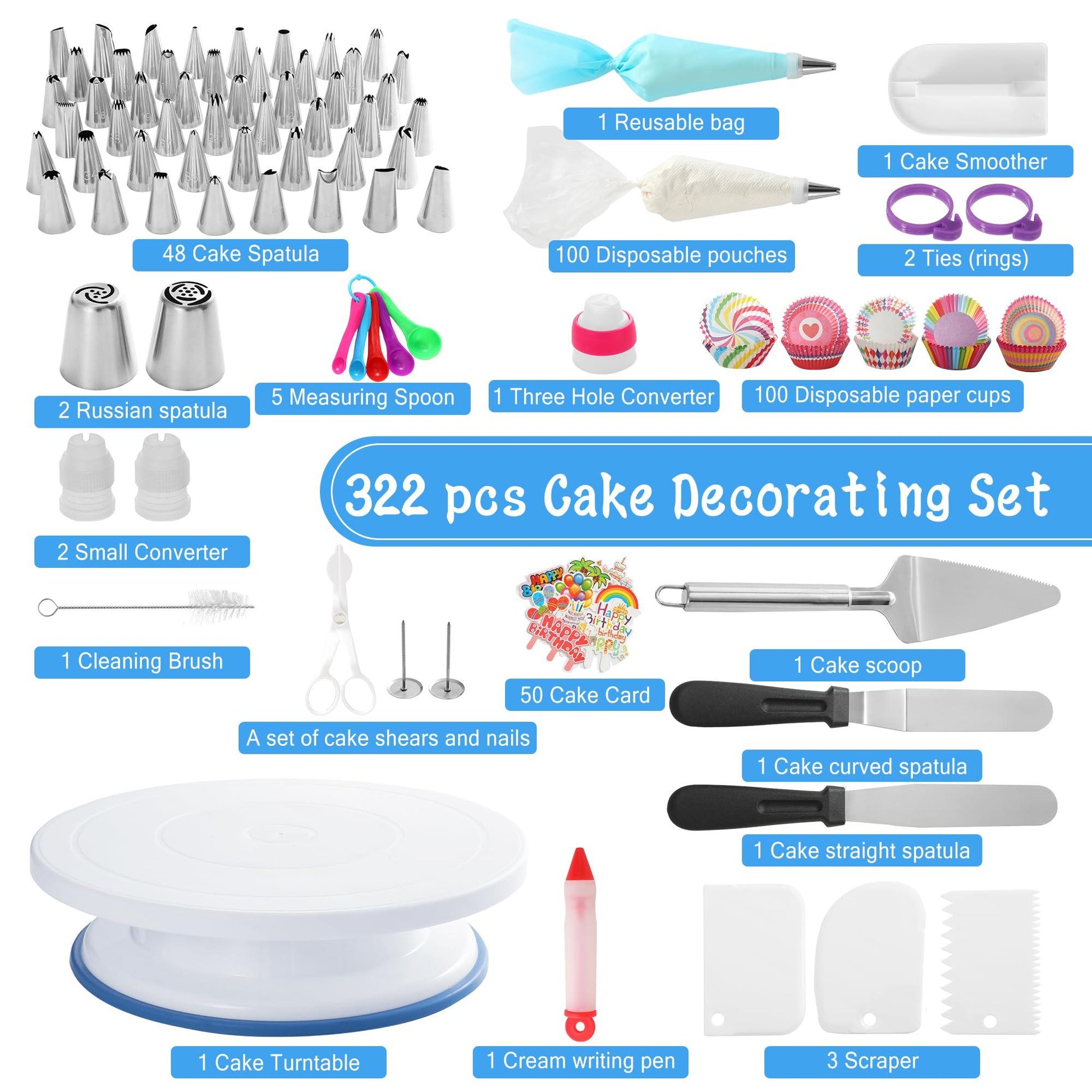 Cizspwu 322 PCs Cake Decorating Kit Baking Set with Cake Turntable, 48 Cake Spatula, 100 Disposable pouches, Baking Set for Teens and Beginners - CookCave