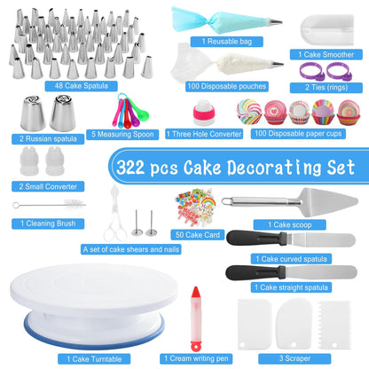 Cizspwu 322 PCs Cake Decorating Kit Baking Set with Cake Turntable, 48 Cake Spatula, 100 Disposable pouches, Baking Set for Teens and Beginners - CookCave