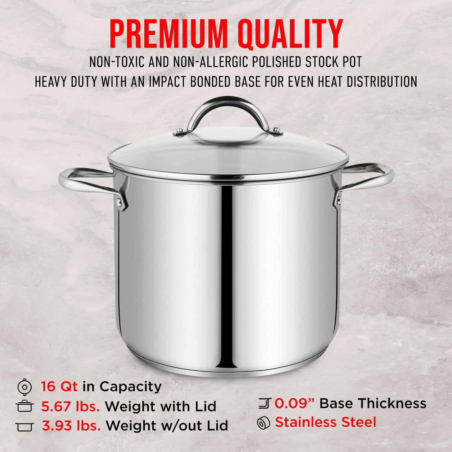 Bakken-Swiss Deluxe 16-Quart Stainless Steel Stockpot w/Tempered Glass See-Through Lid - Simmering Delicious Soups Stews & Induction Cooking - Exceptional Heat Distribution - Heavy-Duty & Food-Grade - CookCave