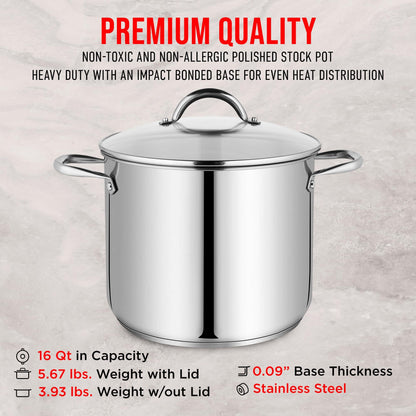 Bakken-Swiss Deluxe 16-Quart Stainless Steel Stockpot w/Tempered Glass See-Through Lid - Simmering Delicious Soups Stews & Induction Cooking - Exceptional Heat Distribution - Heavy-Duty & Food-Grade - CookCave