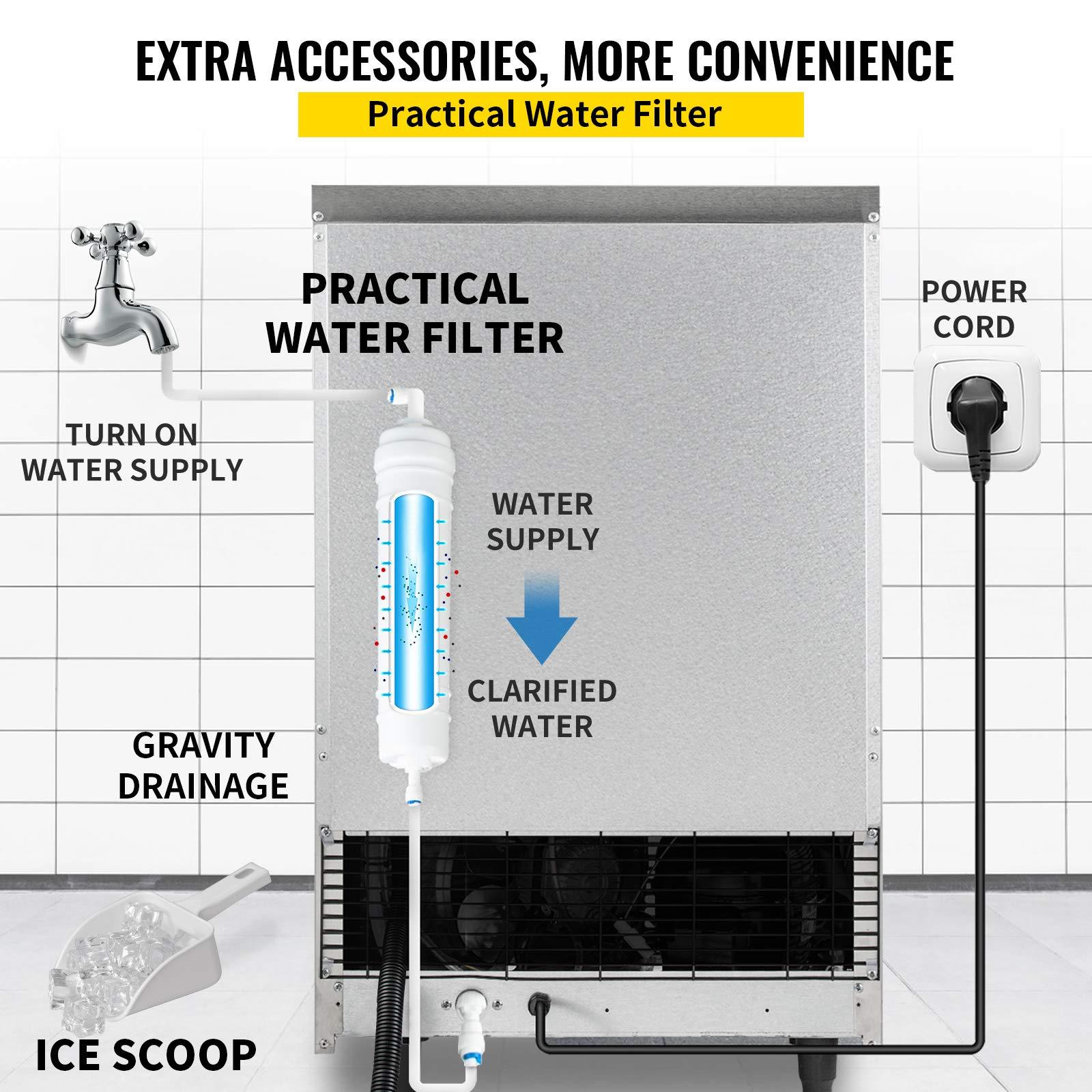 VEVOR 110V Commercial Ice Maker 90-100LBS/24H with 33LBS Bin Full Heavy Duty Stainless Steel Construction, Automatic Operation, Clear Cube for Home Bar, Include Water Filter, Scoop, Connection Hose - CookCave