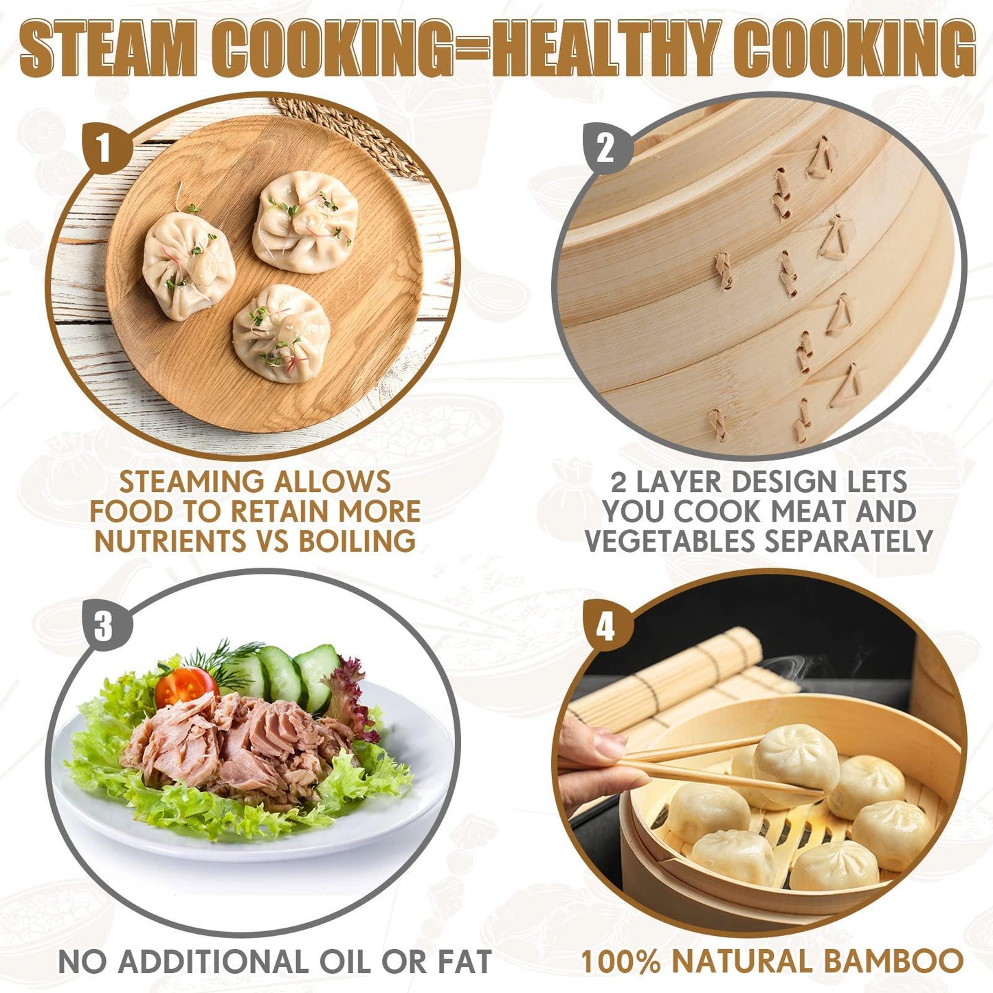 2 Tier Bamboo Steamer Basket Set Including Stainless Steel Steamer Ring Dumpling Maker Mold and Cutter Meat Spoon 2 Pairs Bamboo Chopsticks 2 Pcs Sauce Dish 50 Pcs Paper Liners for Kitchen (10 Inch) - CookCave