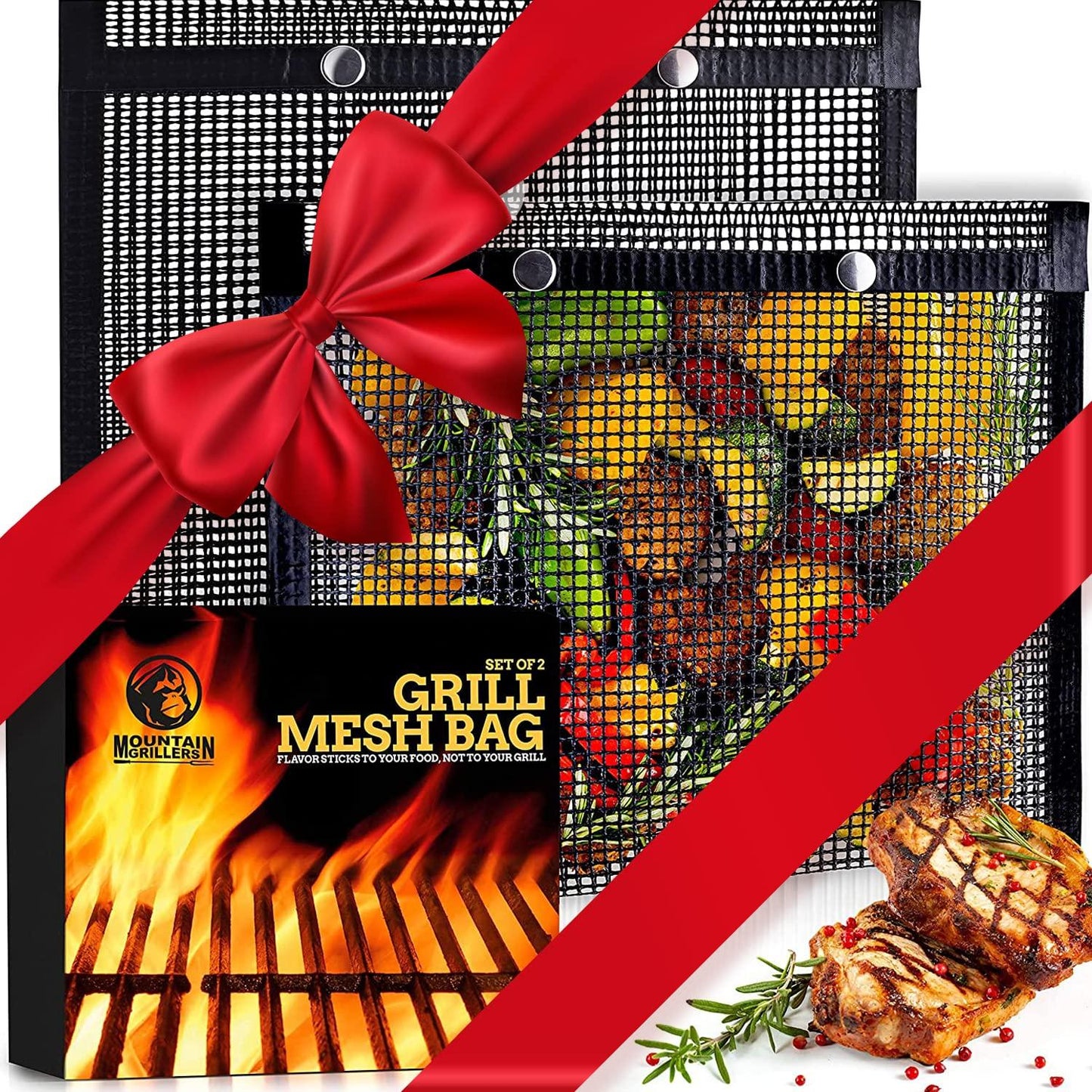 Mountain Grillers Set of 2 BBQ Mesh Grill Bags -(12.83 x 11.73-Inch) Reusable Grilling Pouches for Barbeque, Fish -Suitable for Charcoal, Electric Grills -Heat-Resistant & Non-Stick Bag for BBQ Lover - CookCave