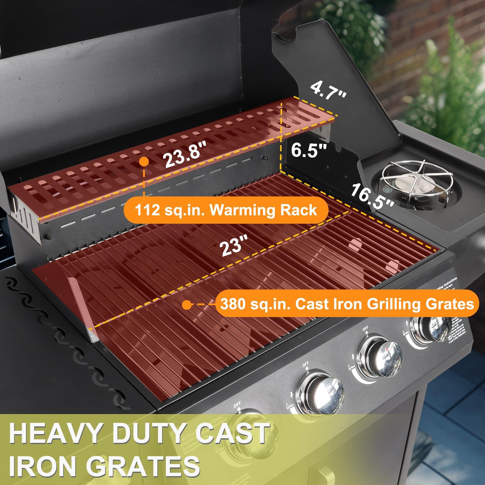 Propane Gas Grill Steel Grill Cart with 4 Burners, Side Burner, Side Table Outdoor Cooking Barbecue Grill - CookCave